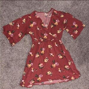 Xhilaration Rust Floral Wrap Dress with Flutter Sleeves